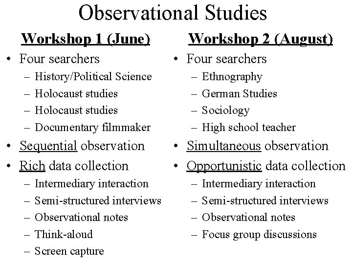 Observational Studies Workshop 1 (June) • Four searchers – – History/Political Science Holocaust studies