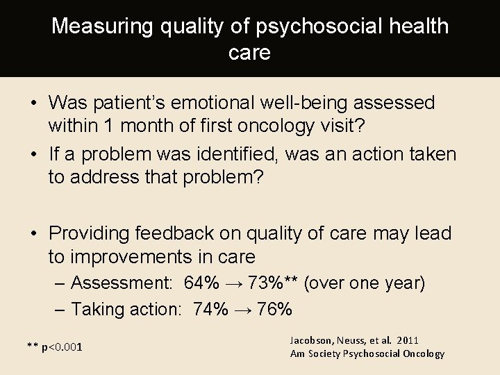 Measuring quality of psychosocial health care • Was patient’s emotional well-being assessed within 1