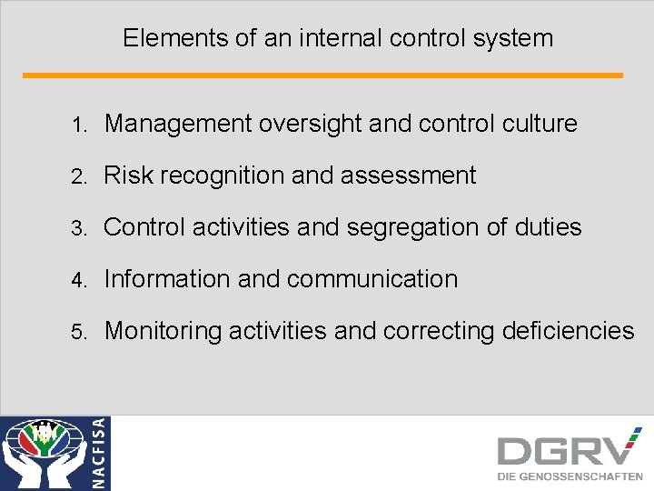Elements of an internal control system 1. Management oversight and control culture 2. Risk