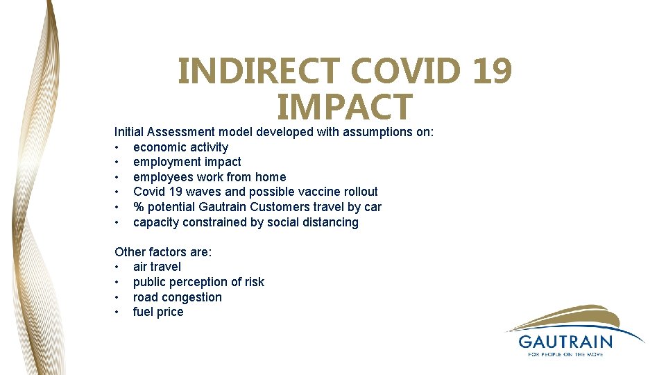 INDIRECT COVID 19 IMPACT Initial Assessment model developed with assumptions on: • economic activity