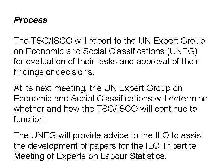 Process The TSG/ISCO will report to the UN Expert Group on Economic and Social