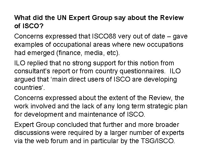 What did the UN Expert Group say about the Review of ISCO? Concerns expressed