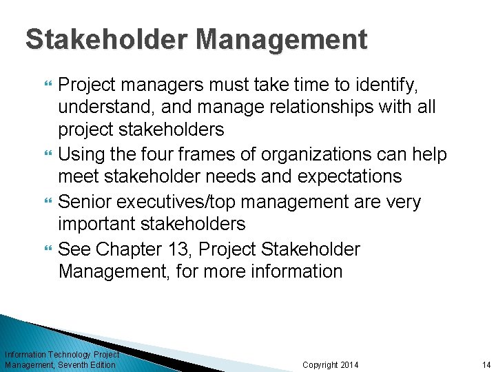 Stakeholder Management Project managers must take time to identify, understand, and manage relationships with