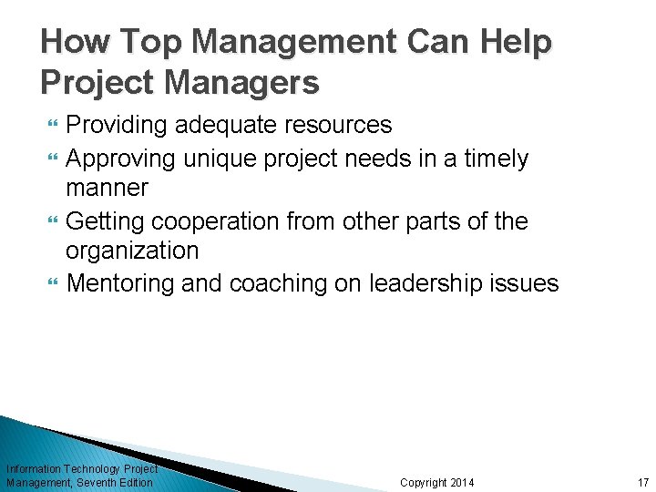 How Top Management Can Help Project Managers Providing adequate resources Approving unique project needs