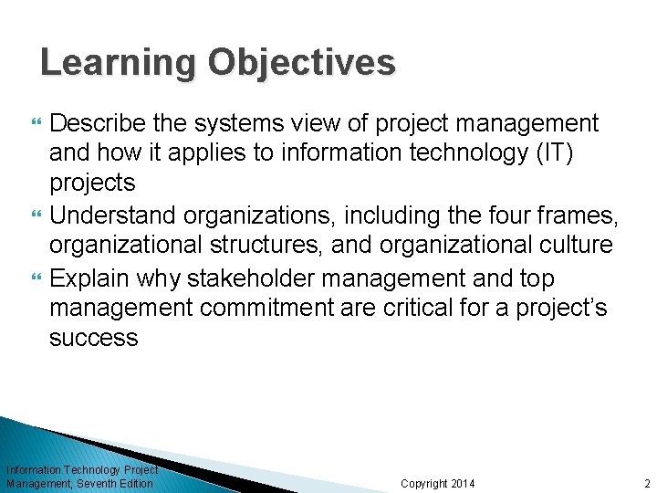 Learning Objectives Describe the systems view of project management and how it applies to