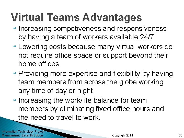 Virtual Teams Advantages Increasing competiveness and responsiveness by having a team of workers available