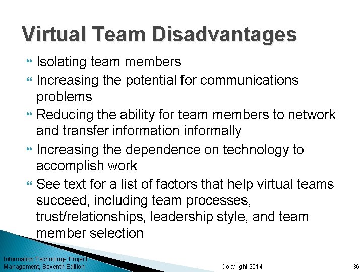 Virtual Team Disadvantages Isolating team members Increasing the potential for communications problems Reducing the