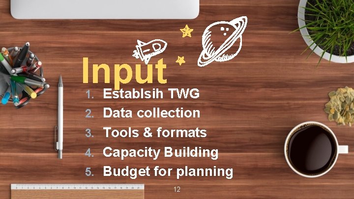 Input 1. Establsih TWG 2. Data collection 3. Tools & formats 4. Capacity Building