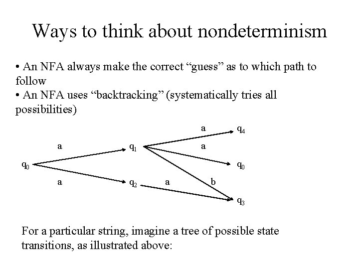 Ways to think about nondeterminism • An NFA always make the correct “guess” as