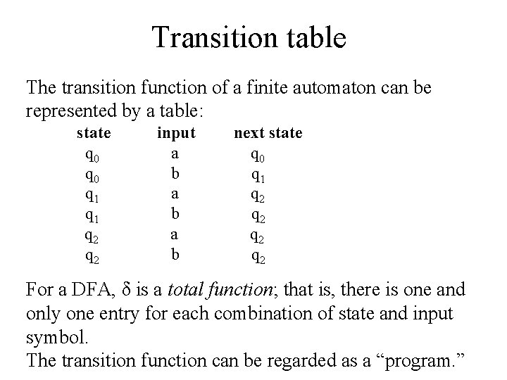 Transition table The transition function of a finite automaton can be represented by a