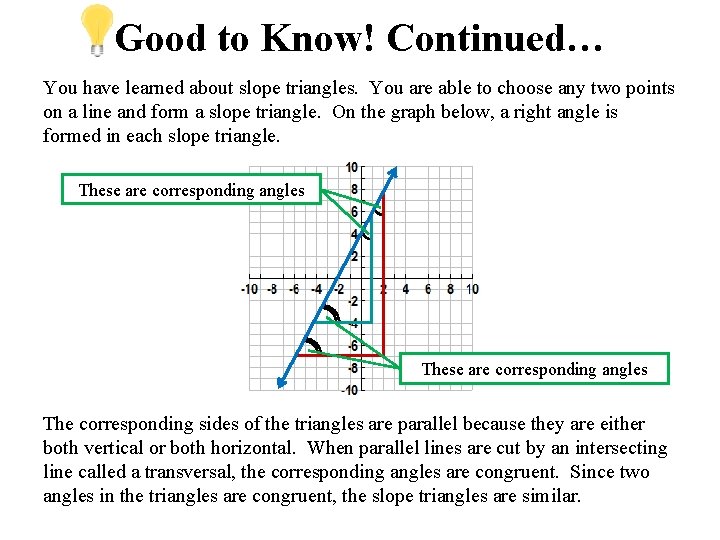 Good to Know! Continued… You have learned about slope triangles. You are able to