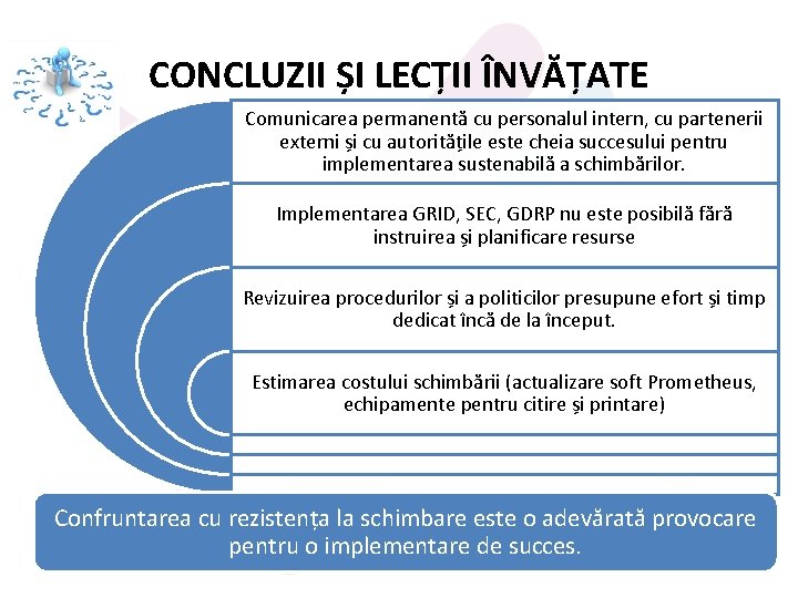 CONCLUZII ȘI LECȚII ÎNVĂȚATE Comunicarea permanentă cu personalul intern, cu partenerii externi și cu