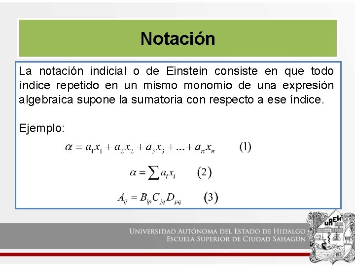 Notación La notación indicial o de Einstein consiste en que todo índice repetido en