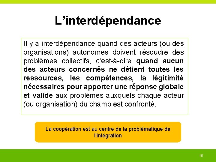 L’interdépendance Il y a interdépendance quand des acteurs (ou des organisations) autonomes doivent résoudre L’interdépendance Il y a interdépendance quand des acteurs (ou des organisations) autonomes doivent résoudre