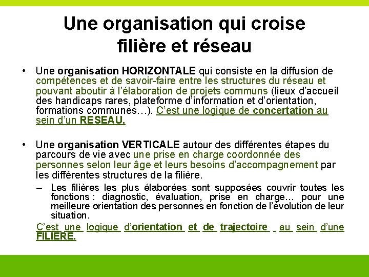 Une organisation qui croise filière et réseau • Une organisation HORIZONTALE qui consiste en Une organisation qui croise filière et réseau • Une organisation HORIZONTALE qui consiste en