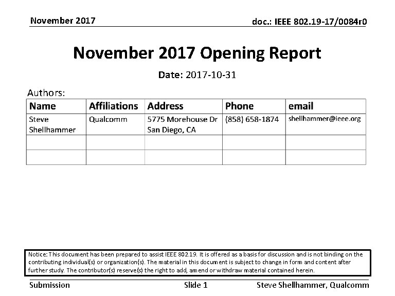 November 2017 doc. : IEEE 802. 19 -17/0084 r 0 November 2017 Opening Report