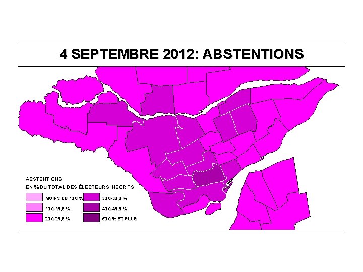 4 SEPTEMBRE 2012: ABSTENTIONS EN % DU TOTAL DES ÉLECTEURS INSCRITS MOINS DE 10,