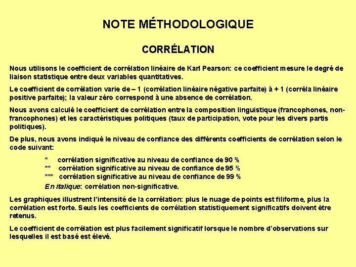 NOTE MÉTHODOLOGIQUE CORRÉLATION Nous utilisons le coefficient de corrélation linéaire de Karl Pearson: ce