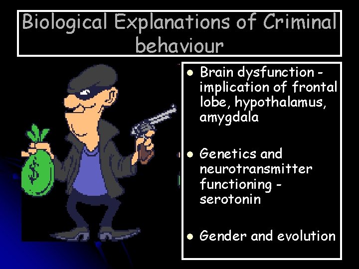 Biological Explanations of Criminal behaviour l l l Brain dysfunction implication of frontal lobe,