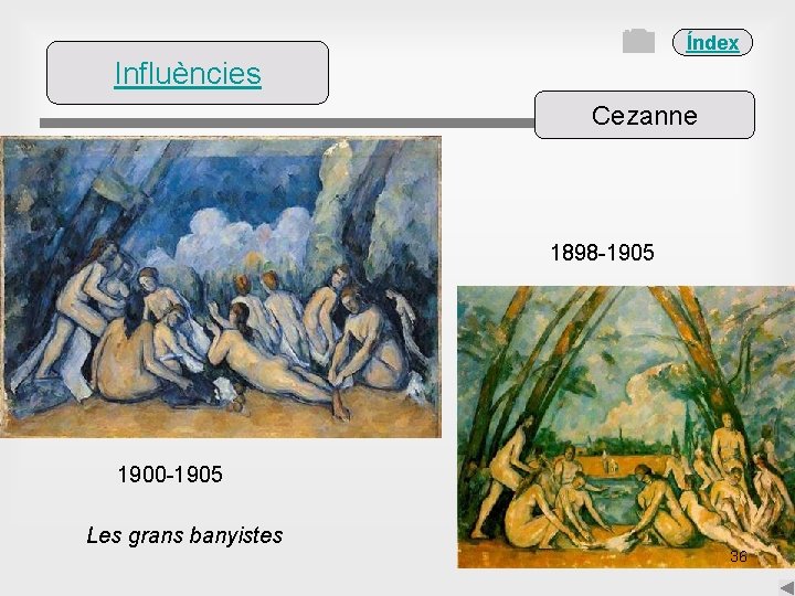 Índex Influències Cezanne 1898 -1905 1900 -1905 Les grans banyistes 36 