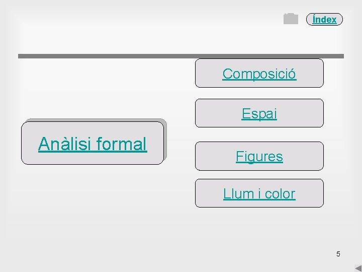 Índex Composició Espai Anàlisi formal Figures Llum i color 5 