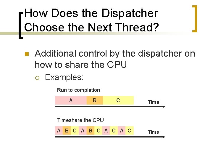 How Does the Dispatcher Choose the Next Thread? n Additional control by the dispatcher