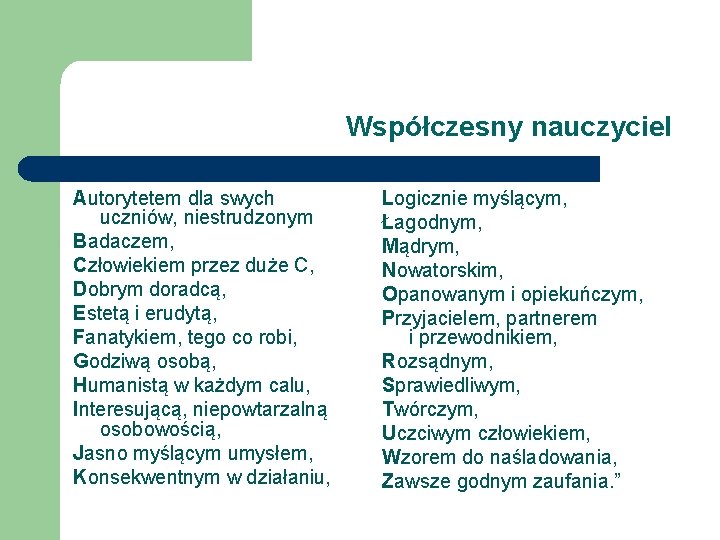 Współczesny nauczyciel Autorytetem dla swych uczniów, niestrudzonym Badaczem, Człowiekiem przez duże C, Dobrym doradcą,