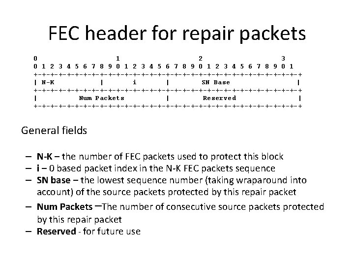 FEC header for repair packets 0 1 2 3 4 5 6 7 8