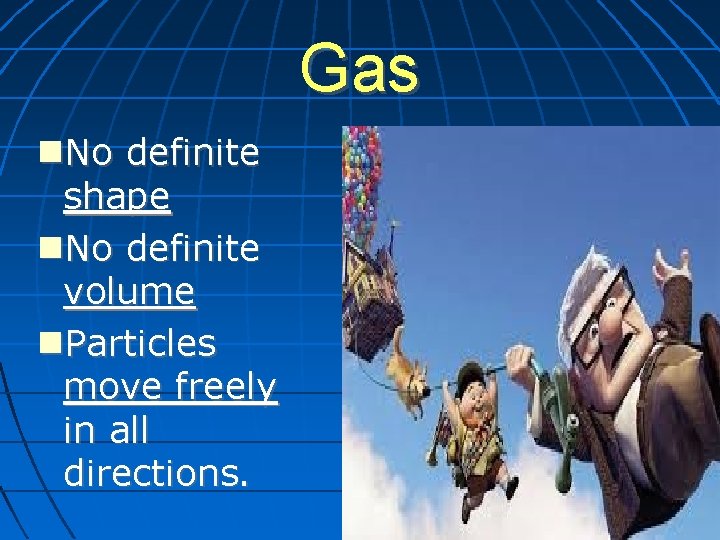 Gas No definite shape No definite volume Particles move freely in all directions. 