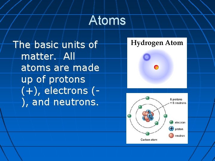 Atoms The basic units of matter. All atoms are made up of protons (+),