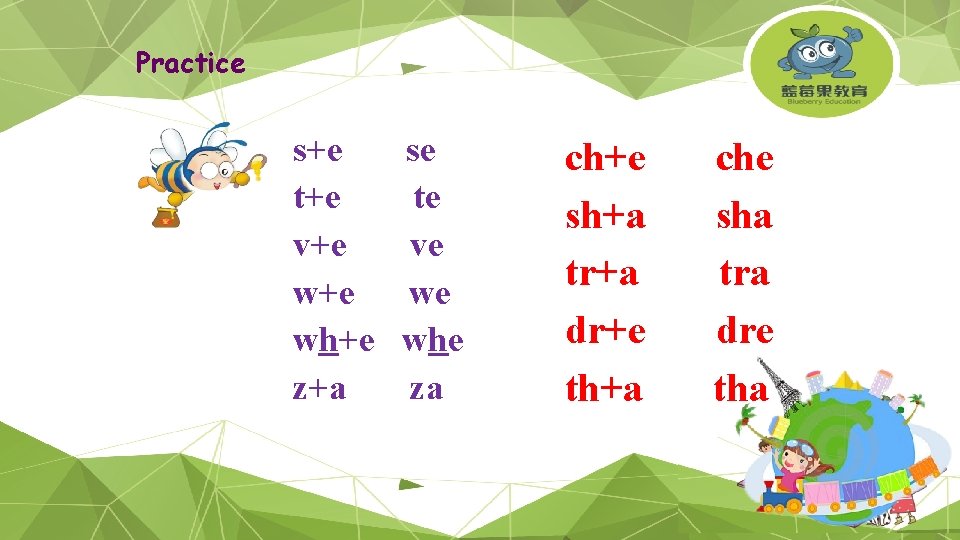 Practice s+e t+e v+e wh+e z+a se te ve we whe za ch+e sh+a