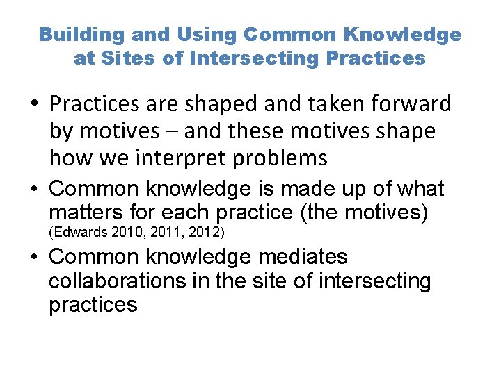Building and Using Common Knowledge at Sites of Intersecting Practices • Practices are shaped Building and Using Common Knowledge at Sites of Intersecting Practices • Practices are shaped