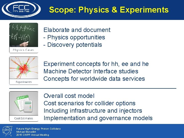 Scope: Physics & Experiments Elaborate and document - Physics opportunities - Discovery potentials Experiment