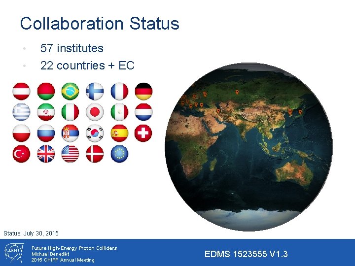 Collaboration Status • • 57 institutes 22 countries + EC Status: July 30, 2015