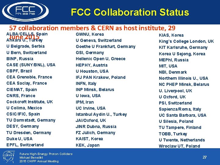 FCC Collaboration Status 57 collaboration members & CERN as host institute, 29 ALBA/CELLS, Spain