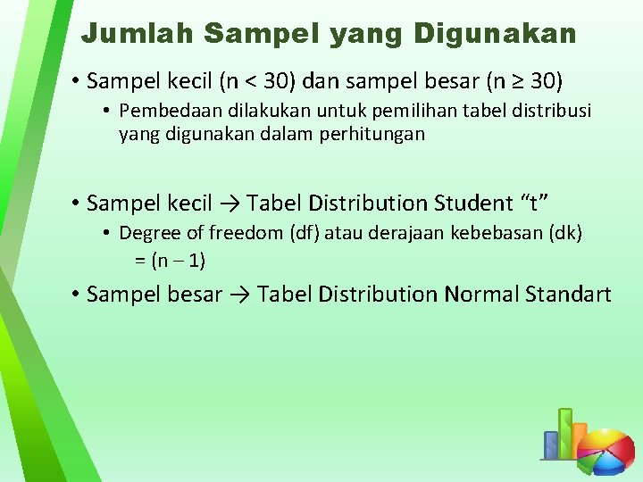 Jumlah Sampel yang Digunakan • Sampel kecil (n < 30) dan sampel besar (n