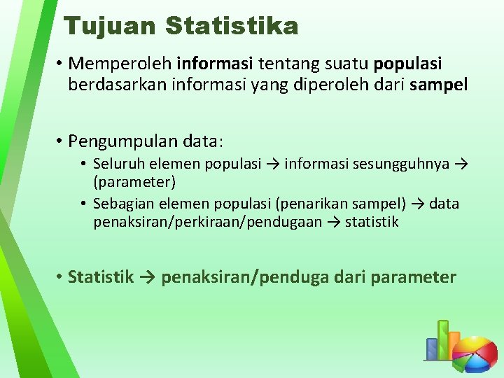 Tujuan Statistika • Memperoleh informasi tentang suatu populasi berdasarkan informasi yang diperoleh dari sampel