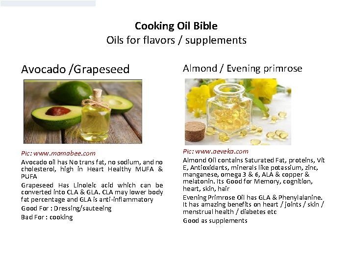 Cooking Oil Bible Oils for flavors / supplements Avocado /Grapeseed Almond / Evening primrose