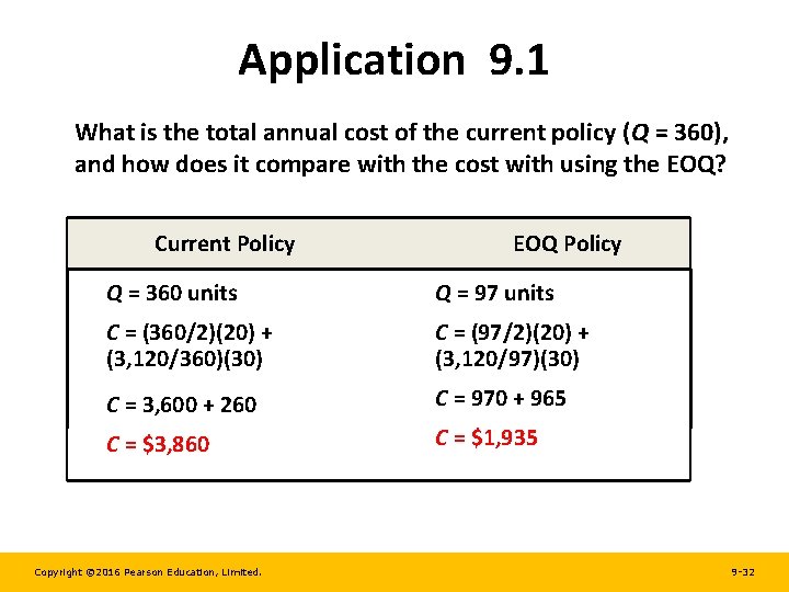 Application 9. 1 What is the total annual cost of the current policy (Q