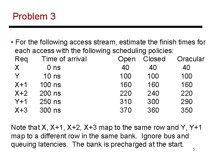Problem 3 • For the following access stream, estimate the finish times for each