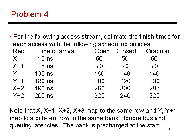 Problem 4 • For the following access stream, estimate the finish times for each