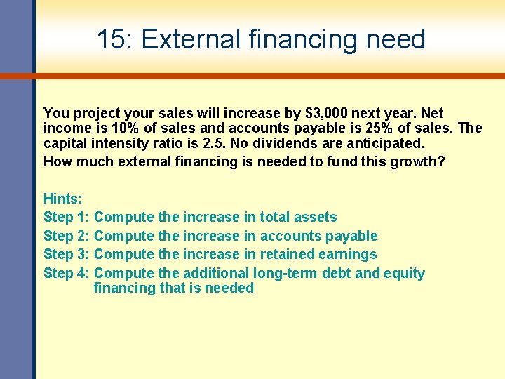 15: External financing need You project your sales will increase by $3, 000 next