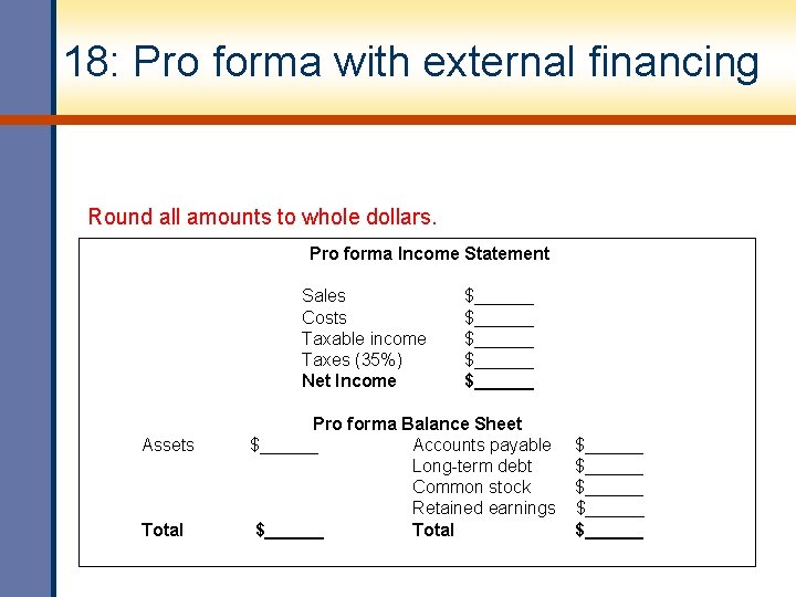 18: Pro forma with external financing Round all amounts to whole dollars. Pro forma