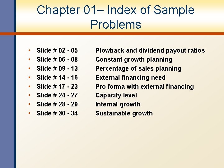 Chapter 01– Index of Sample Problems • • Slide # 02 - 05 Slide