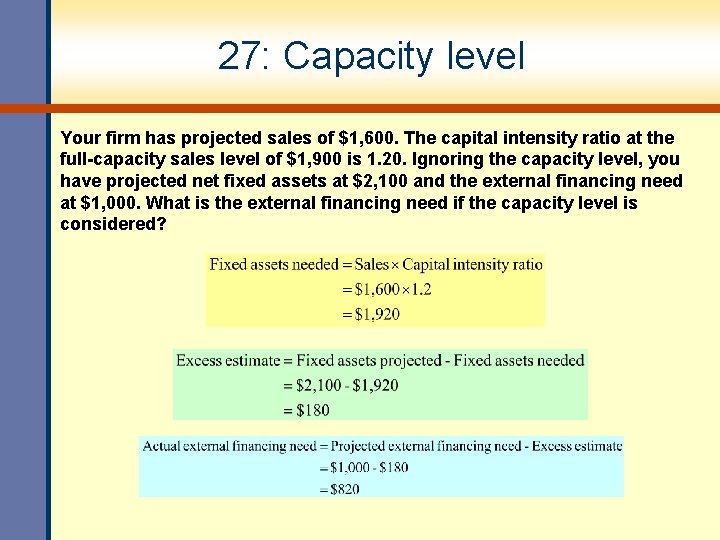 27: Capacity level Your firm has projected sales of $1, 600. The capital intensity