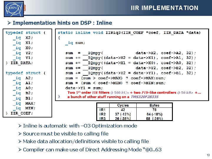 IIR IMPLEMENTATION Ø Implementation hints on DSP : Inline Ø Inline is automatic with