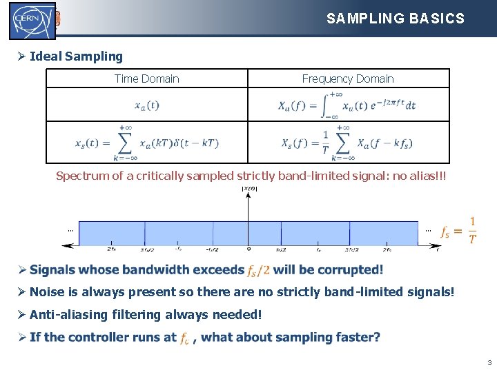 SAMPLING BASICS Ø Ideal Sampling Time Domain Frequency Domain Spectrum of a critically sampled