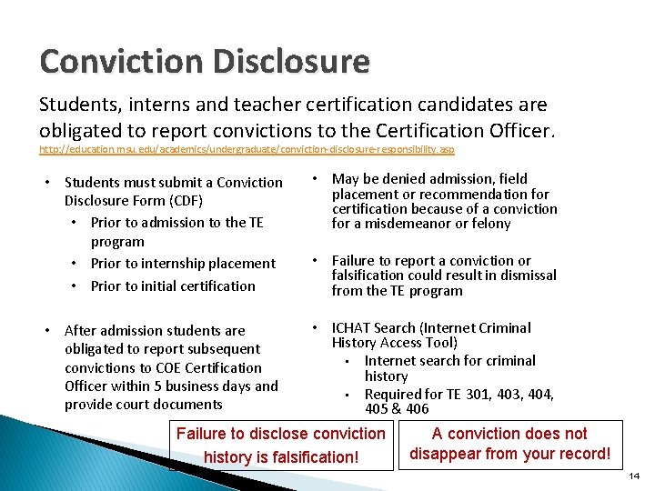 Conviction Disclosure Students, interns and teacher certification candidates are obligated to report convictions to