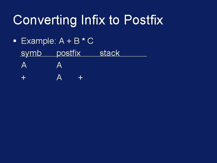 Converting Infix to Postfix § Example: A + B * C symb postfix stack