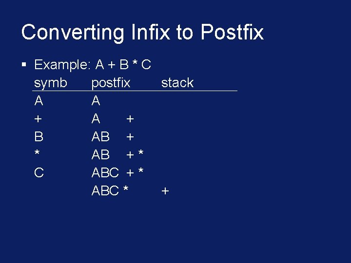 Converting Infix to Postfix § Example: A + B * C symb postfix stack